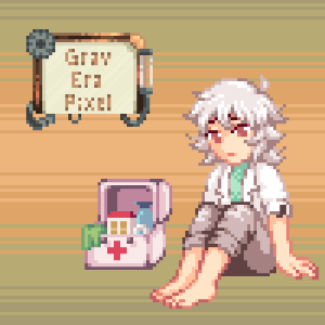 The Scientist's Assistant promo image by Gray, Era, and Pixel, with the scientist curled up next to a first aid kit.
