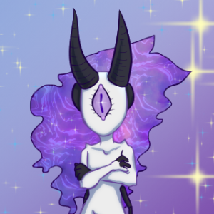 A galactic cyclops with two big horns and galaxy hair.